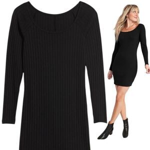 Black Scoop neck Fitted Rib-Knit Mini Dress sz L